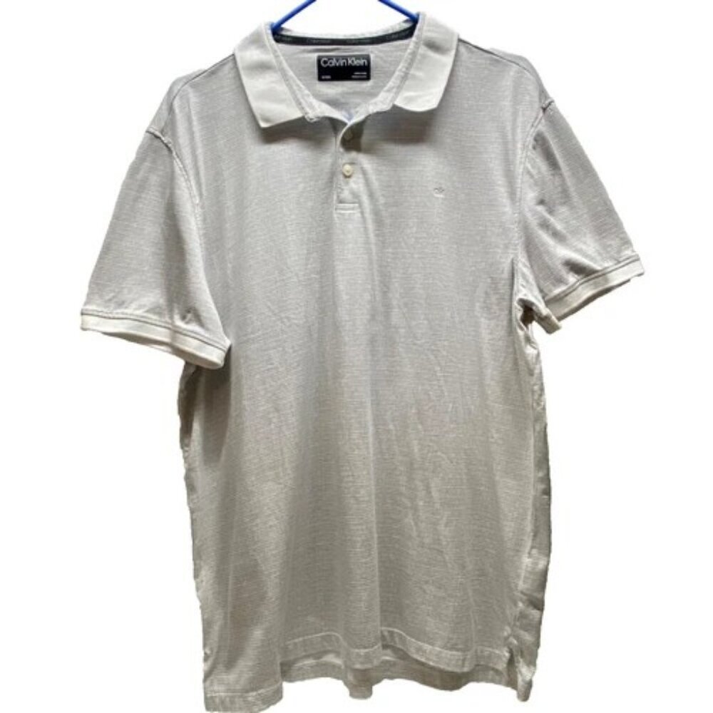 Calvin‎ Klein Polo Men's XL Grey White Grid Print Short Sleeve CK Tonal Logo EUC